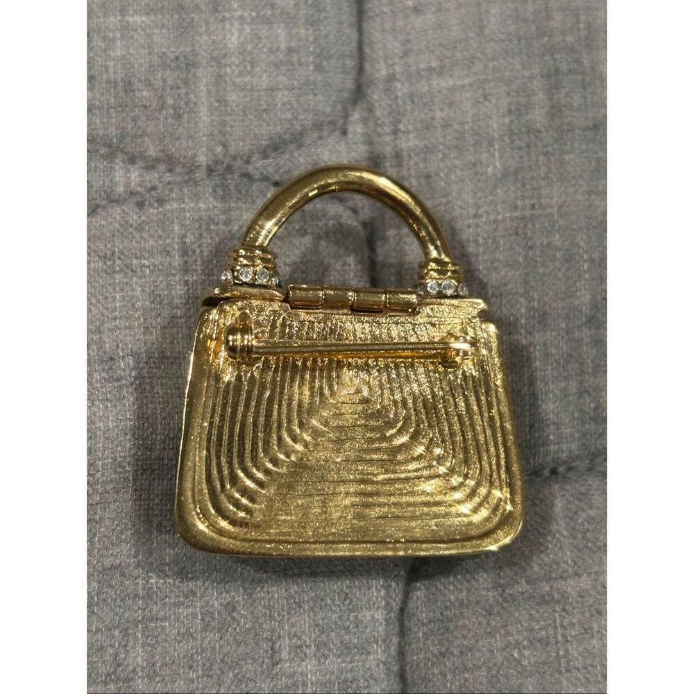 Vintage St John Knits gold tone crystals quilted handbag brooch pin.  SJ logo - Picture 2 of 8